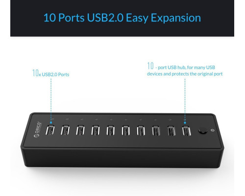 10-портовий USB 2.0 концентратор даних ORICO Powered з адаптером живлення 12 В/2 А для Mac, Windows та Linux PC