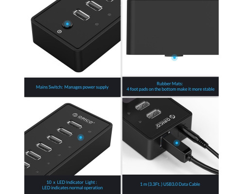 10-портовий USB 2.0 концентратор даних ORICO Powered з адаптером живлення 12 В/2 А для Mac, Windows та Linux PC