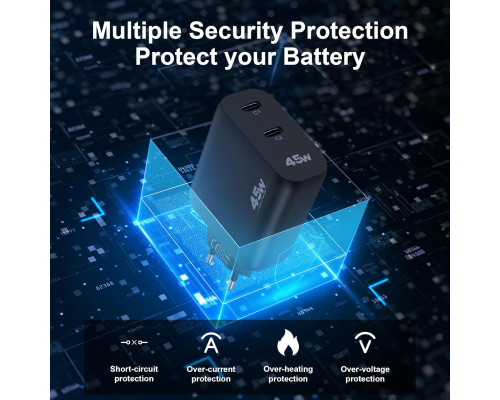 Зарядний пристрій USB-C потужністю 45 Вт та двома портами для швидкого заряджання