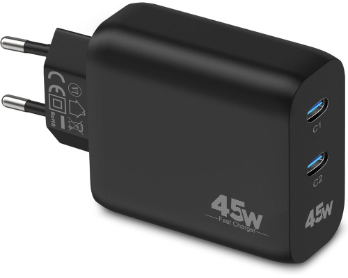 Зарядний пристрій USB-C потужністю 45 Вт та двома портами для швидкого заряджання