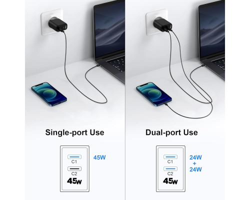 Зарядний пристрій USB-C потужністю 45 Вт та двома портами для швидкого заряджання