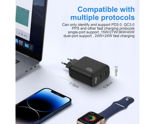 Зарядний пристрій CREAPICO Dual USB C потужністю 45 Вт та кабелем Type C