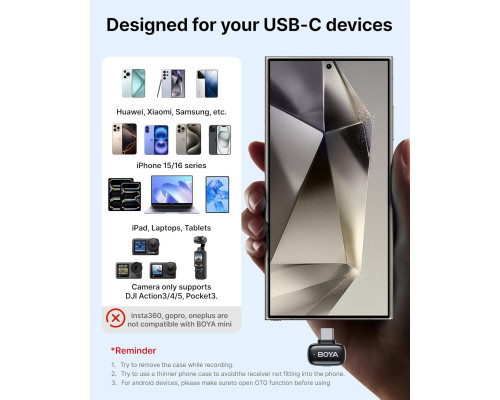 Бездротовий петличний мікрофон BOYA міні для Android/планшетів/ПК з USB-C штекером