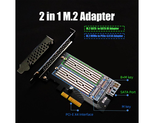 Адаптер GLOTRENDS PA12 Dual M.2 SSD PCIe X4 без радіатора для одного M.2 NVMe SSD та одного M.2 SATA SSD